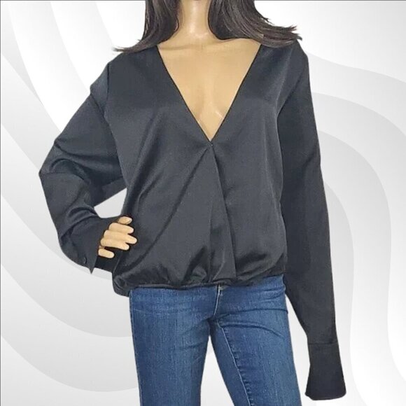 2/$50 Good American Black Satin Faux Wrap Long Sleeve Blouse Size 6 - Picture 3 of 8